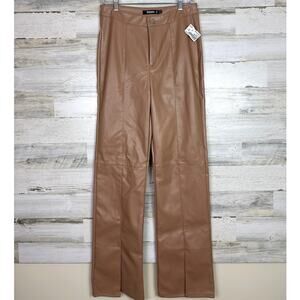 Missguided Women’s 10 Tan Vegan Leather Straight Leg Wide Pants Zip Front New
